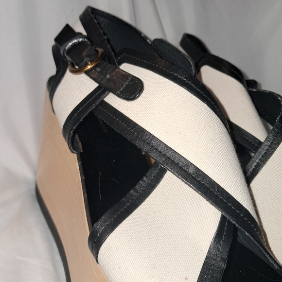 Isabel Marant "Zlova" Wedge EU 40 (9/9.5 US) Black Leather White Cotton Buckles - Picture 10 of 13